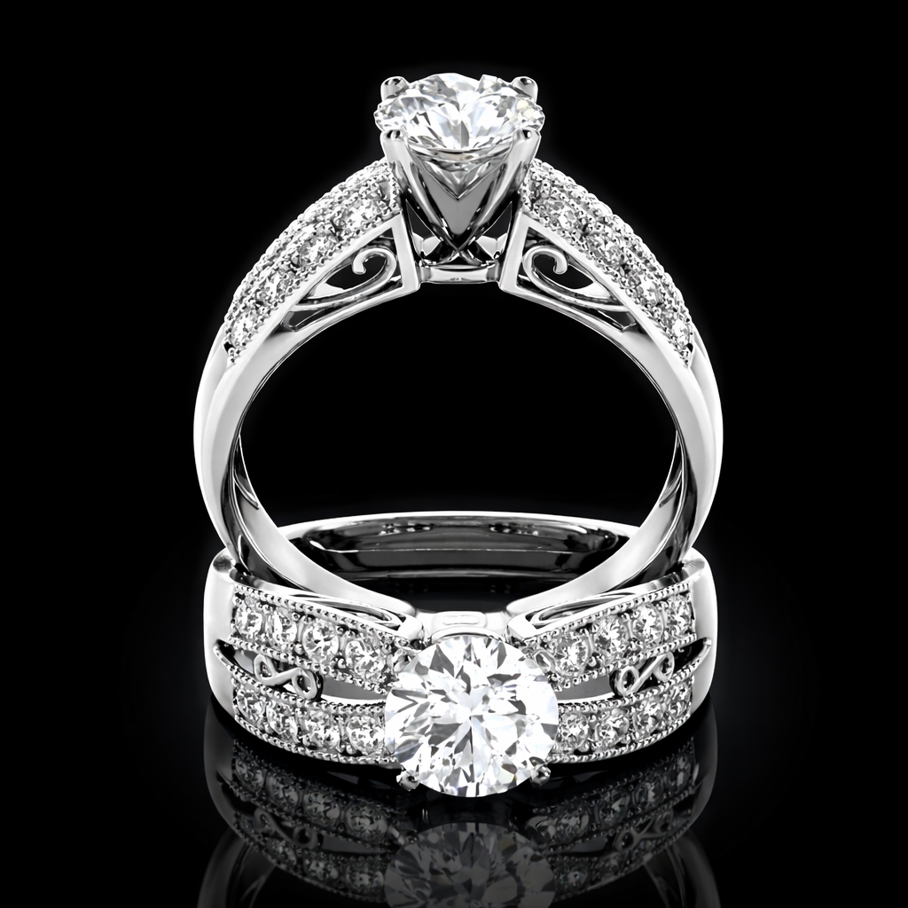 4.10 Carat Round Cut Moissanite Vintage Scroll Pavé Engagement Ring in 925 Sterling Silver