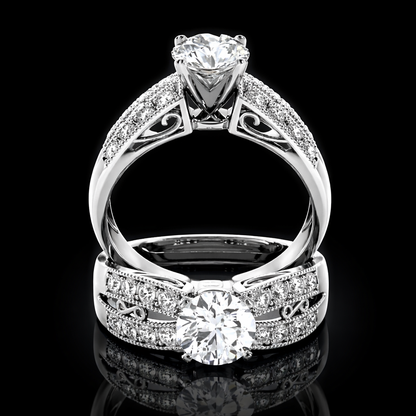4.10 Carat Round Cut Moissanite Vintage Scroll Pavé Engagement Ring in 925 Sterling Silver