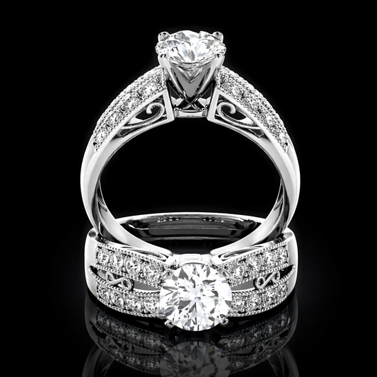 4.10 Carat Round Cut Moissanite Vintage Scroll Pavé Engagement Ring in 925 Sterling Silver