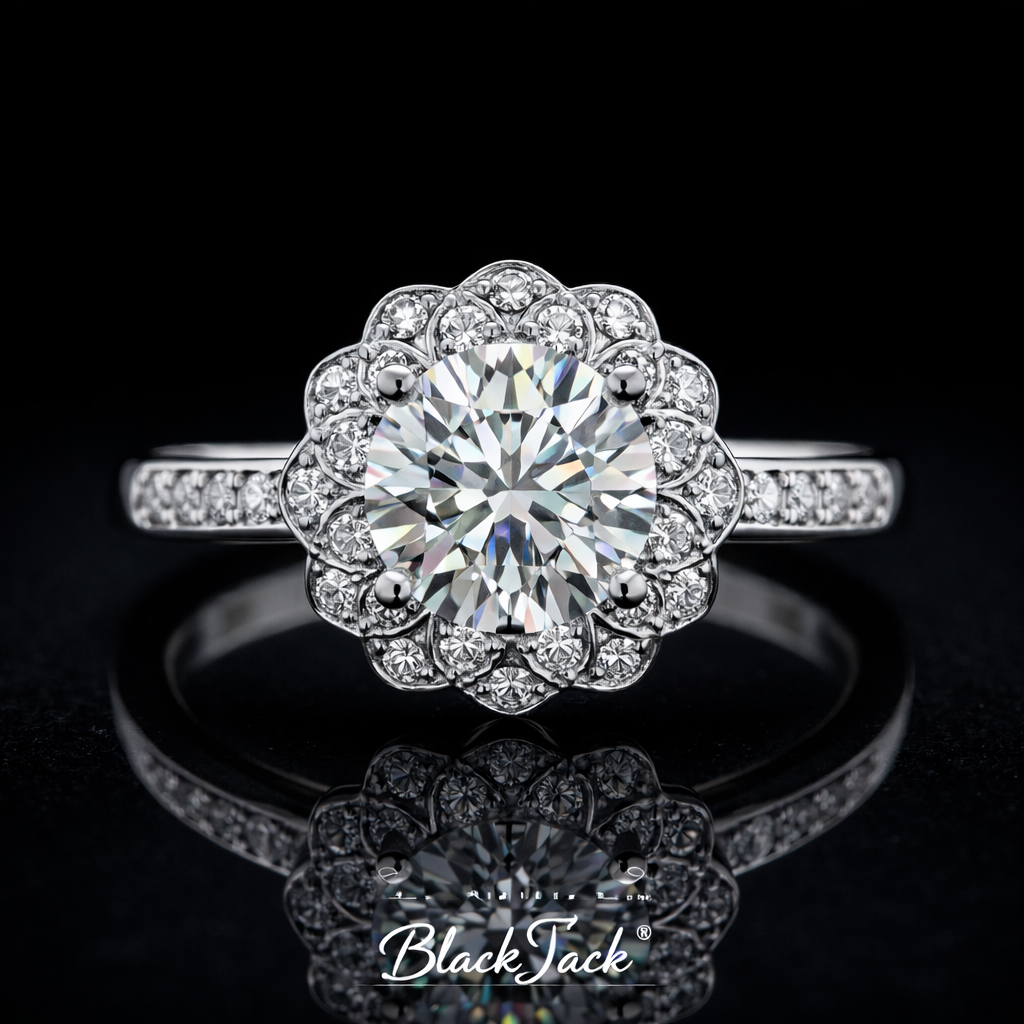 2.40 Carat Round Cut Moissanite Halo Pavé Engagement Ring in 925 Sterling Silver