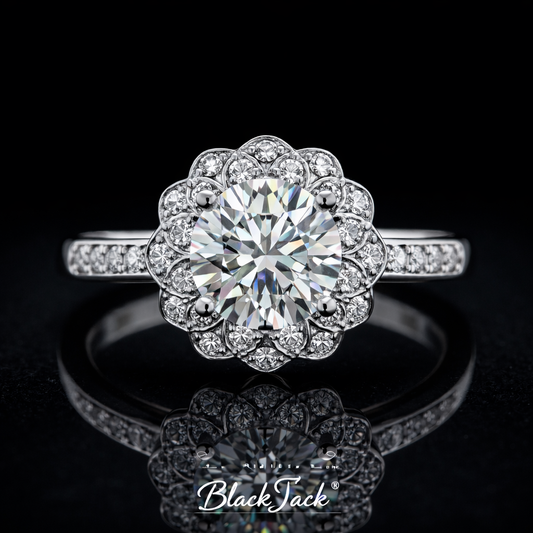 2.40 Carat Round Cut Moissanite Halo Pavé Engagement Ring in 925 Sterling Silver