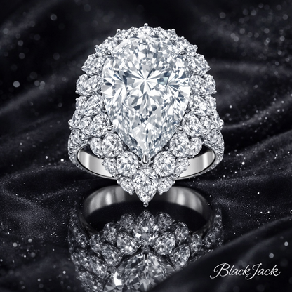 10.40 Carat Total Lab-Grown Diamond Double Halo Floral Cluster Engagement Ring Pear Cut Split Shank in 14K White Gold