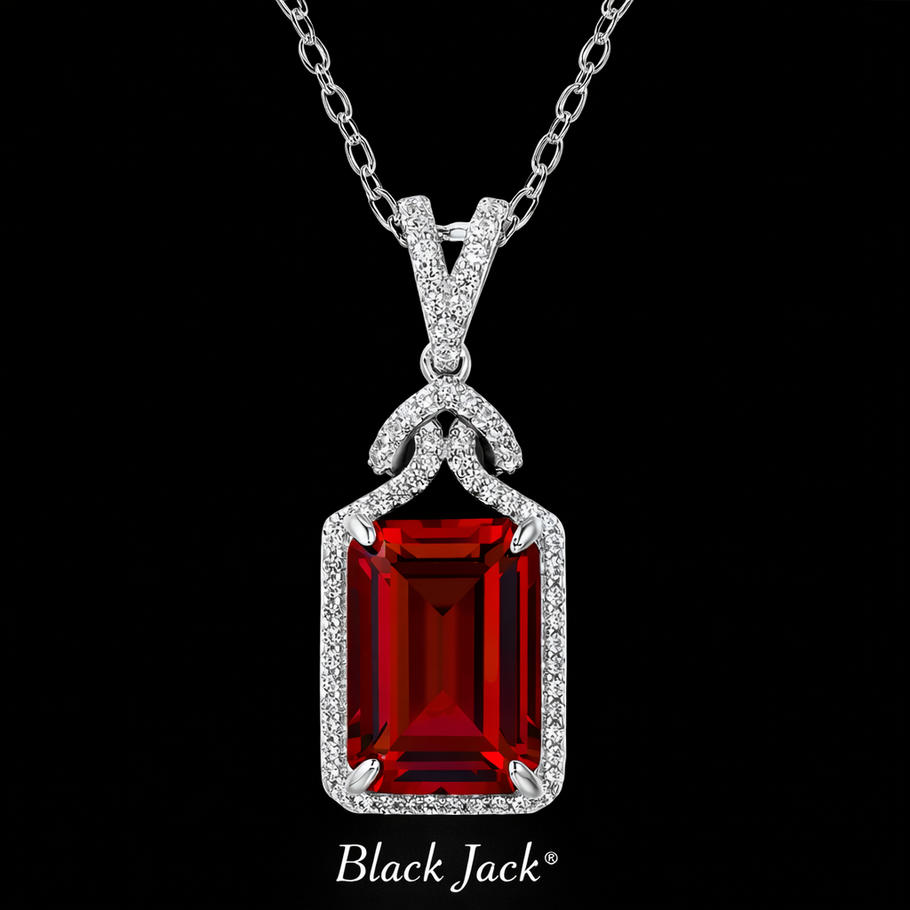 1.35 Carat Emerald Cut Ruby & Moissanite Halo Pendant in 925 Sterling Silver