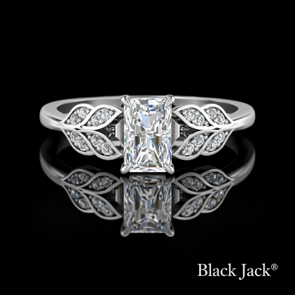 1.25 Carat Lab-Grown Diamond Engagement Ring Emerald Cut with Leaf Side Stones in 14K White Gold