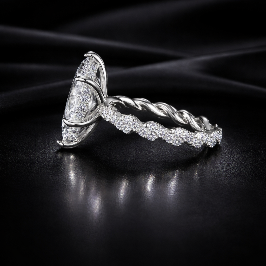 3.45 Carat Lab-Grown Diamond Twisted Pavé Engagement Ring – Marquise Cut in 14K White Gold IGI Certified