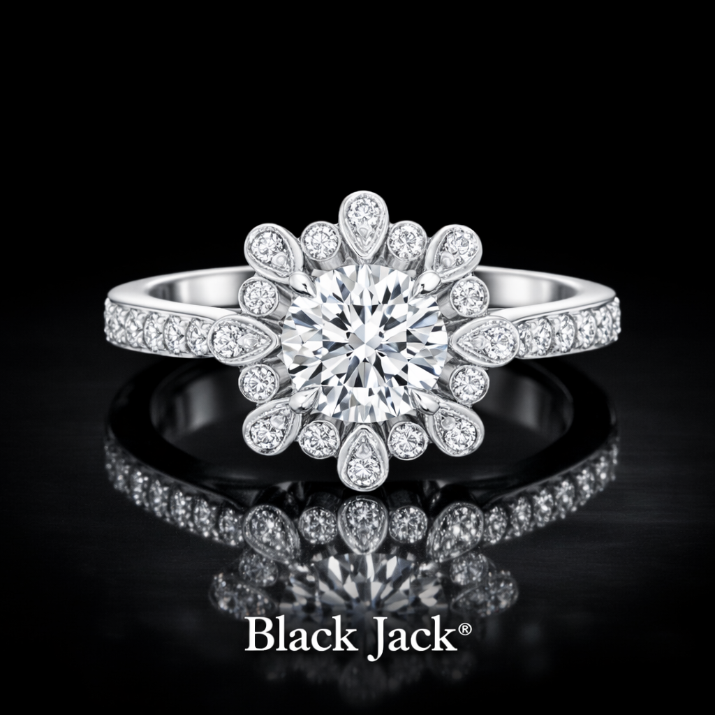 1.50 CT Floral Halo Round Cut Lab Grown Diamond Engagement Ring 14K White Gold Black Jack®