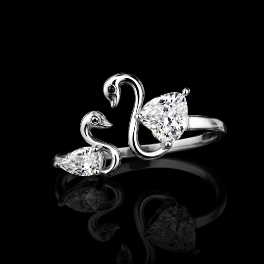1.50 Ct Hair Diamond Ring Swan Couple Memory Diamond Ring Pear Cut 14K White Gold Black Jack
