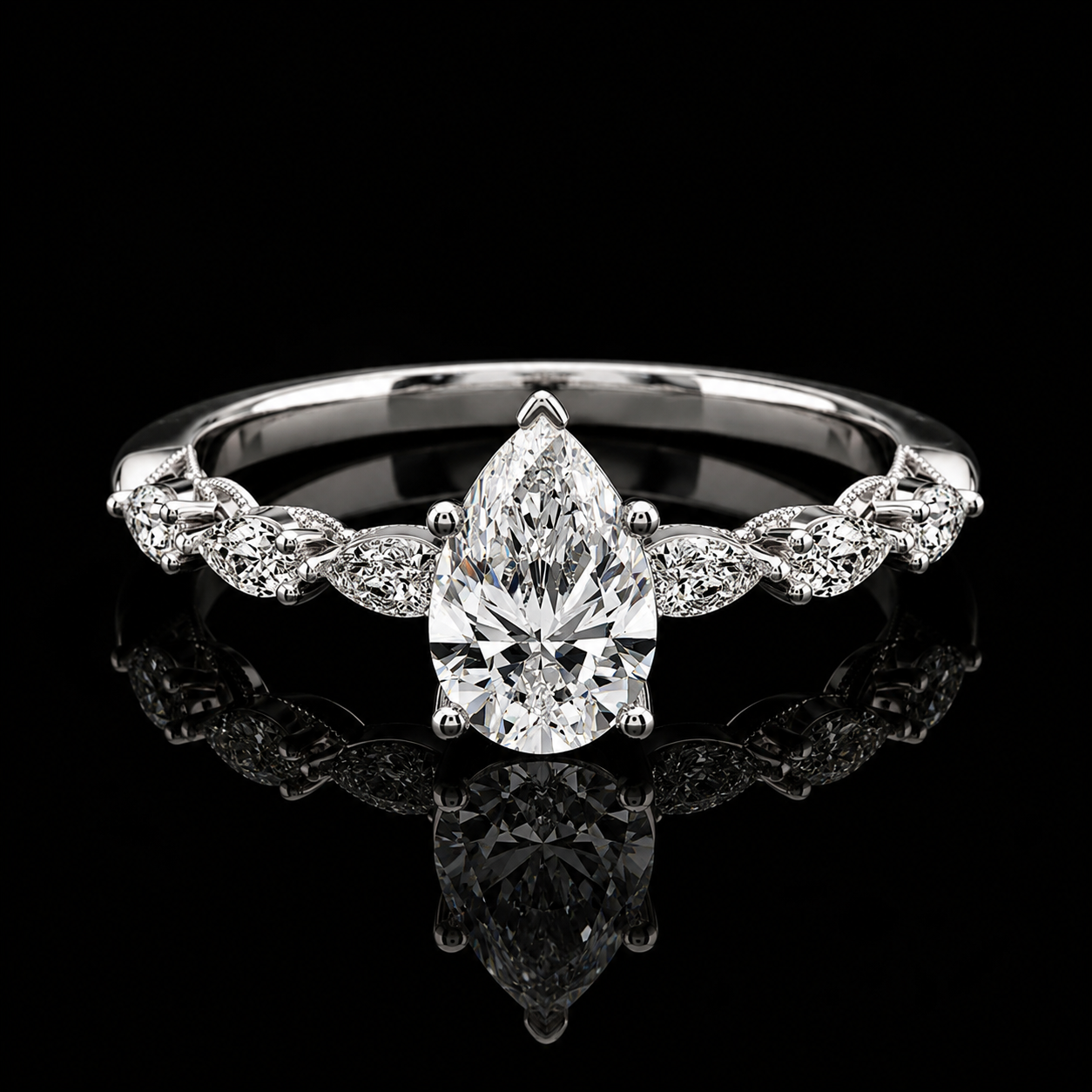 2.00 Ct Hair to Diamond Pear Cut Marquise Leaf Side Stone Ring in 14K White Gold Black Jack