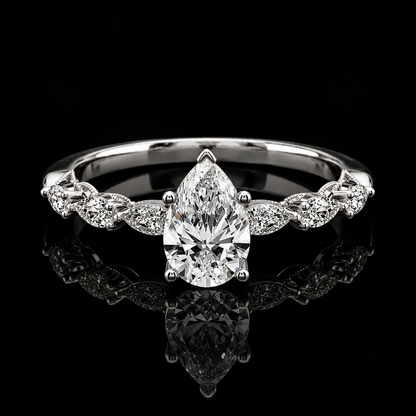 2.00 Ct Hair to Diamond Pear Cut Marquise Leaf Side Stone Ring in 14K White Gold Black Jack