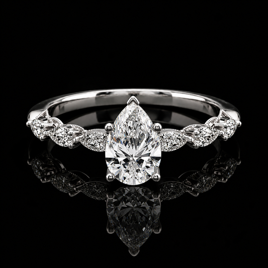 2.00 Ct Hair to Diamond Pear Cut Marquise Leaf Side Stone Ring in 14K White Gold Black Jack