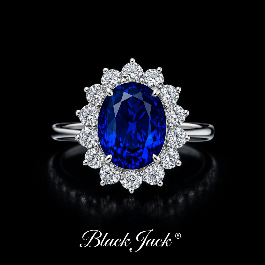 4.20 Carat Total Oval Cut Royal Blue Lab-Grown Sapphire Halo Ring with Moissanite in 925 Sterling Silver
