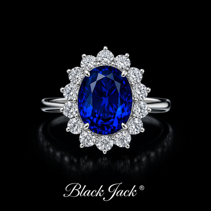 4.20 Carat Total Oval Cut Royal Blue Lab-Grown Sapphire Halo Ring with Moissanite in 925 Sterling Silver