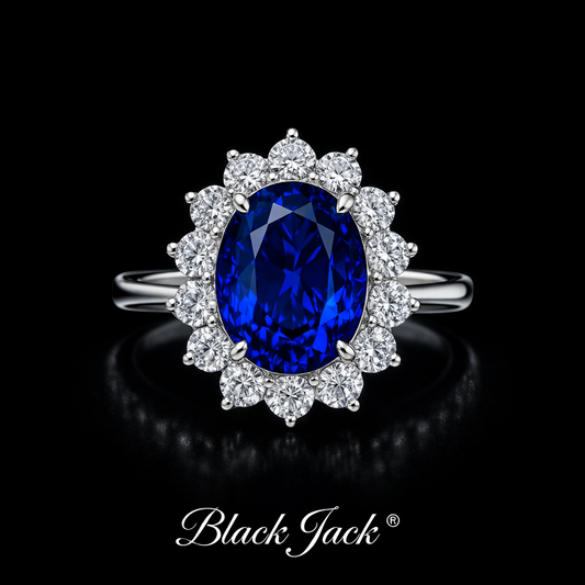 4.10 Ct Pear Cut Blue Sapphire Halo Ring with Moissanite – 14K Gold Plated Sterling Silver Black Jack®
