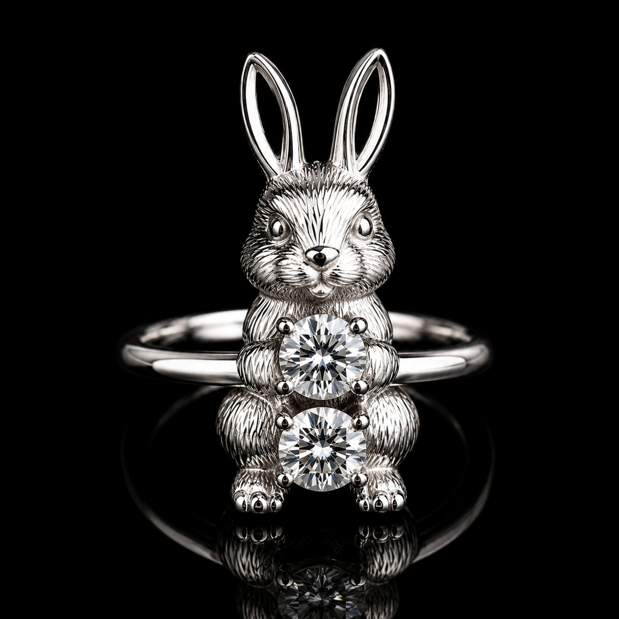 2.00 Ct Pet Cremation Diamond Bunny Rabbit Ring Human Ashes Jewelry 14K White Gold Memorial Keepsake Ring Black Jack