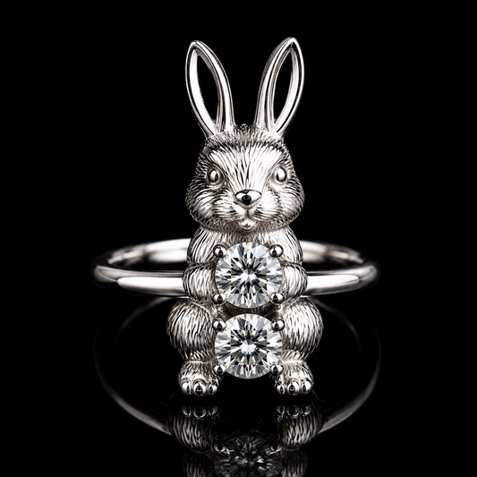 2.00 Ct Pet Cremation Diamond Bunny Rabbit Ring Human Ashes Jewelry 14K White Gold Memorial Keepsake Ring Black Jack