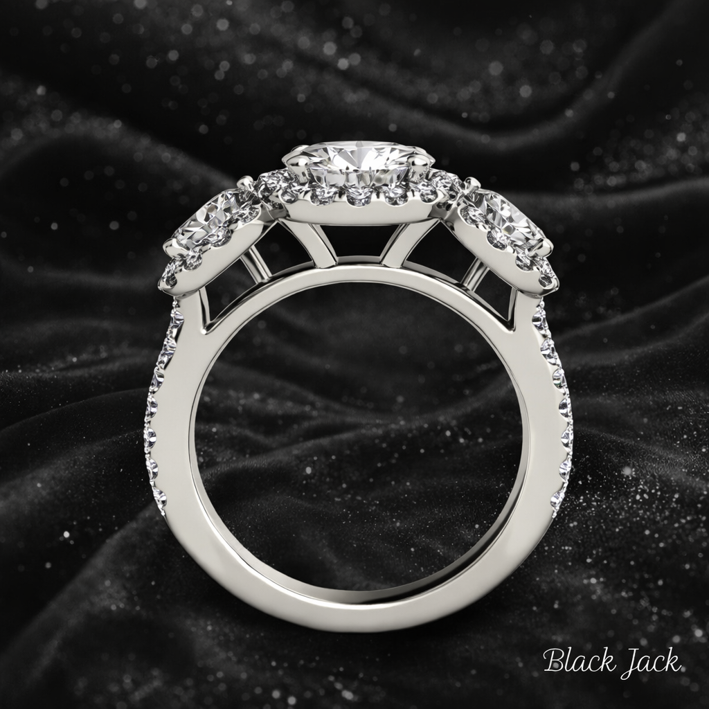 8.20 Carat Lab-Grown Diamond Three Stone Halo Engagement Ring Round Cut in 14K White Gold