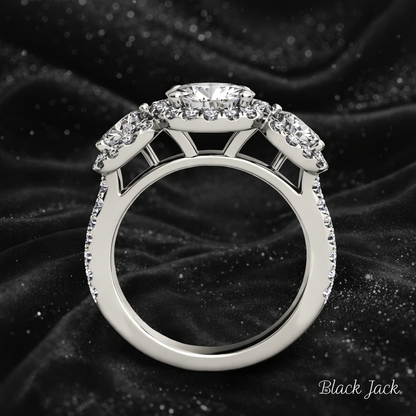 8.20 Carat Lab-Grown Diamond Three Stone Halo Engagement Ring Round Cut in 14K White Gold