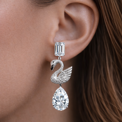 8.00 Carat Emerald & Pear Cut Moissanite Swan Drop Earrings in 925 Sterling Silver