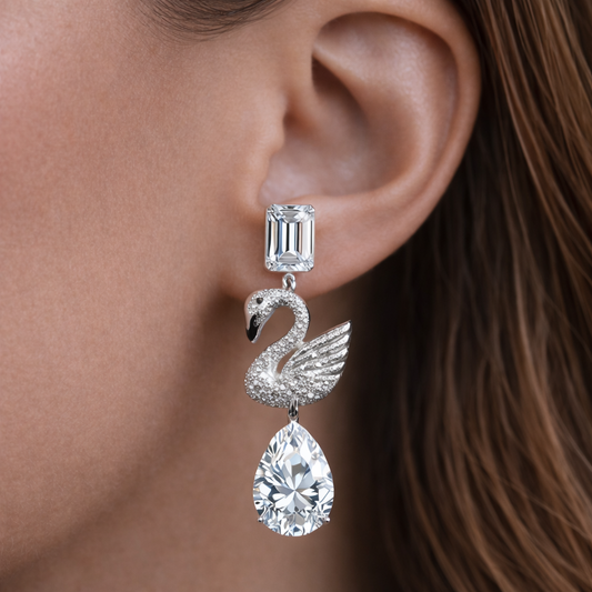 8.00 Carat Emerald & Pear Cut Moissanite Swan Drop Earrings in 925 Sterling Silver