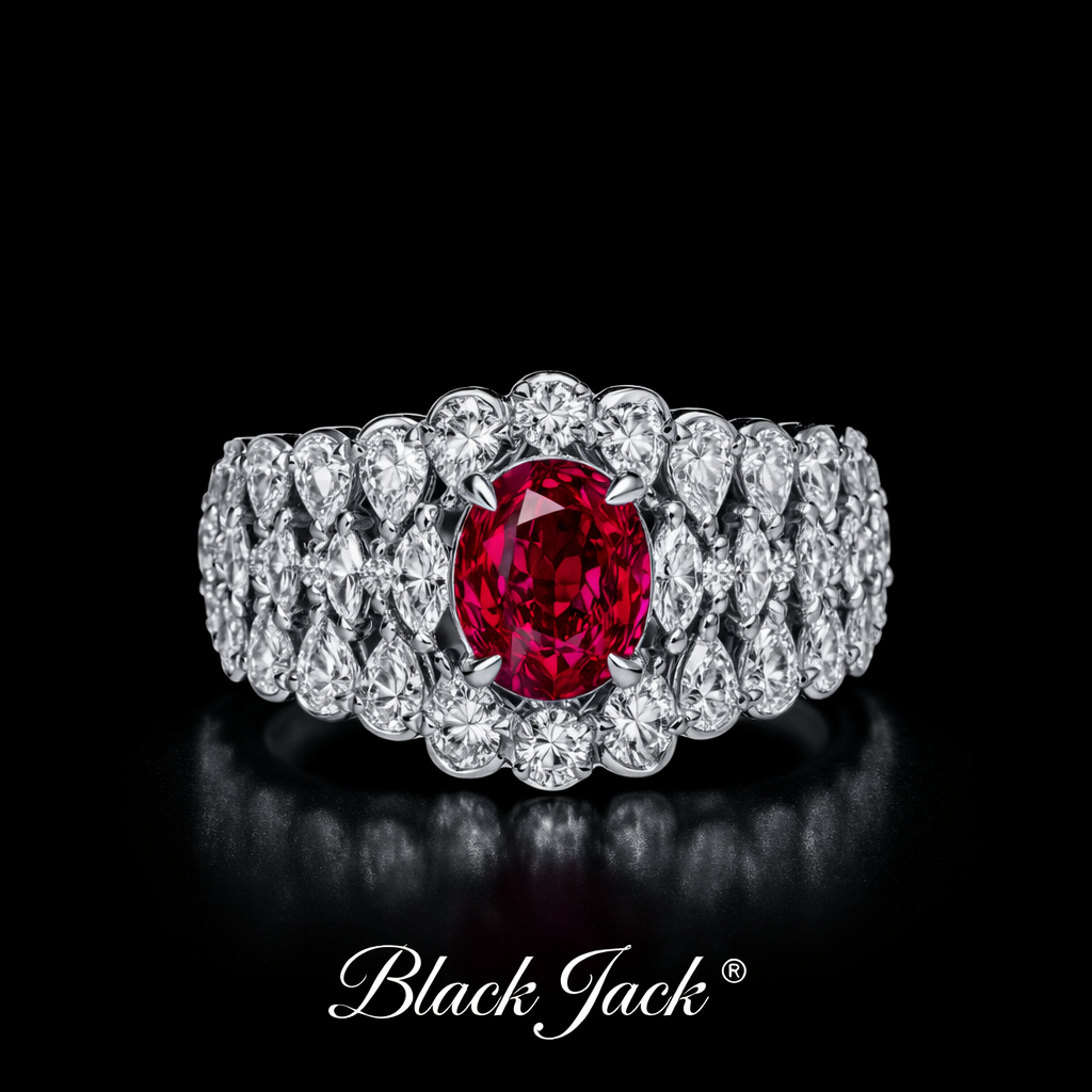 2.30 Carat Oval Cut Ruby & Moissanite Multi-Row Cluster Engagement Ring in 925 Sterling Silver