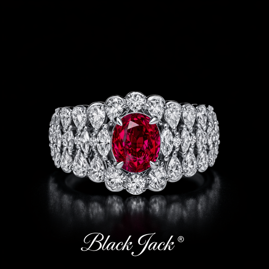1.20 Ct Red Ruby Halo Ring in 14K Gold Plated Sterling Silver with Moissanite Accents Black Jack®