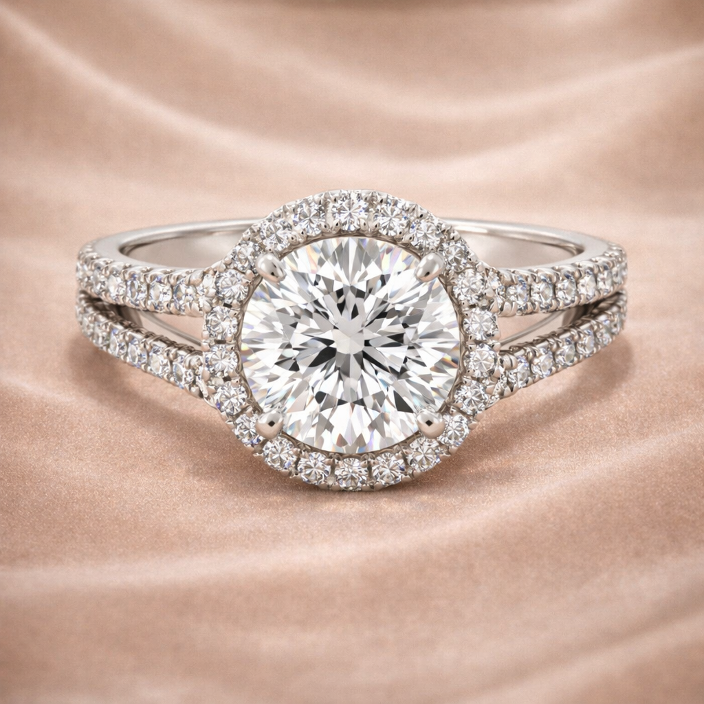 2.60 CT Round Cut Lab Grown Diamond Halo Engagement Ring in 14K White Gold | IGI Certified