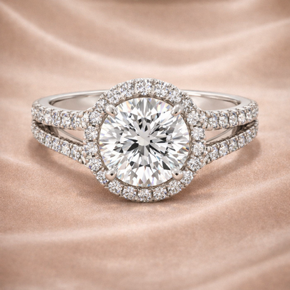2.60 CT Round Cut Lab Grown Diamond Halo Engagement Ring in 14K White Gold | IGI Certified