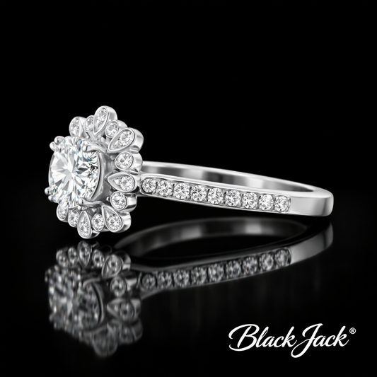 1.50 CT Floral Halo Round Cut Lab Grown Diamond Engagement Ring 14K White Gold Black Jack®