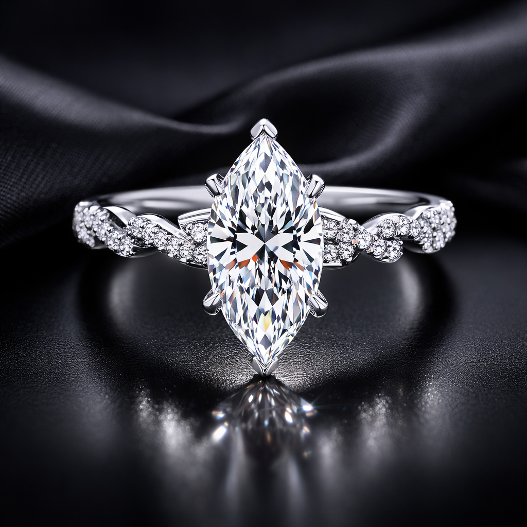 3.45 Carat Lab-Grown Diamond Twisted Pavé Engagement Ring – Marquise Cut in 14K White Gold IGI Certified