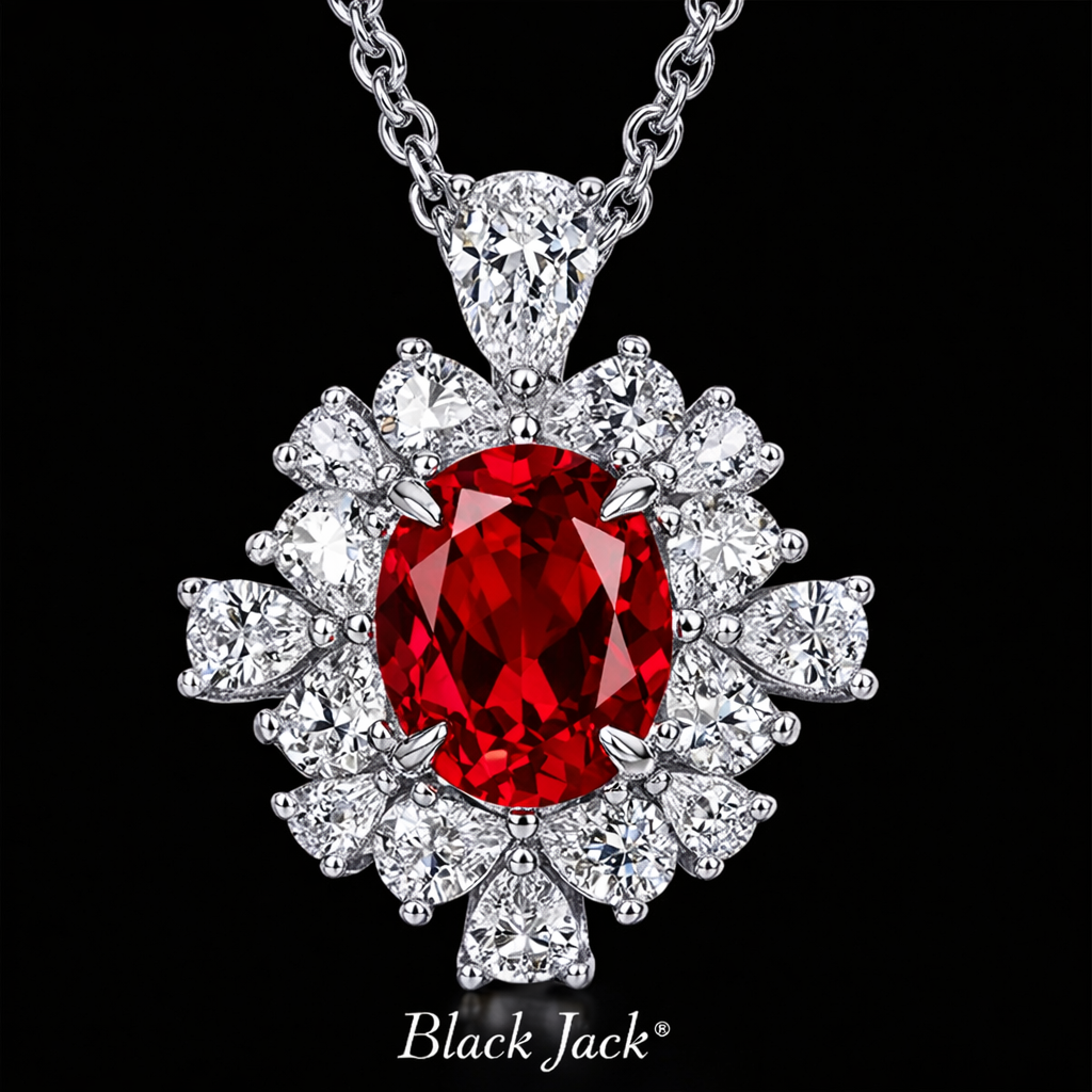 1.55 Carat Oval Cut Ruby & Moissanite Floral Halo Pendant in 925 Sterling Silver