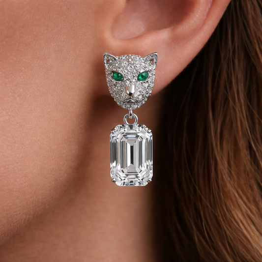 8.00 Carat Emerald Cut Moissanite Panther Drop Earrings in 925 Sterling Silver