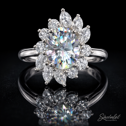 2.65 Carat Oval Cut Moissanite Floral Halo Engagement Ring in 925 Sterling Silver