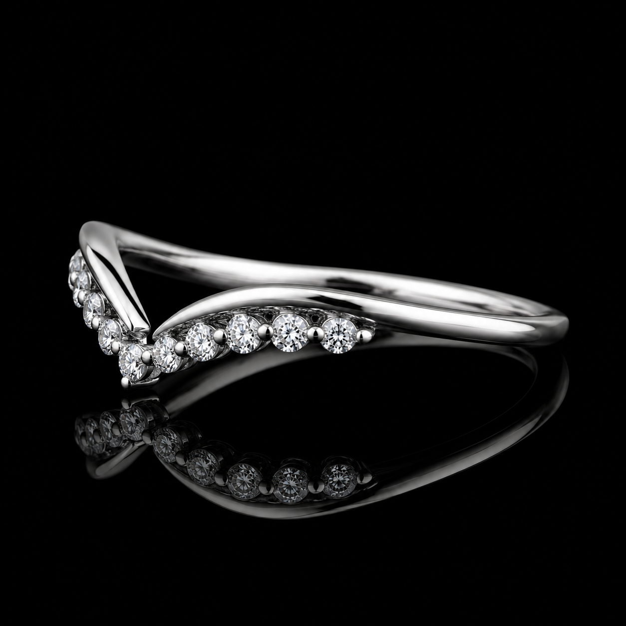 1.00 Ct Human Memorial Diamond V Shape Curved Wedding Band Memory Diamond Ring 14K White Gold Black Jack