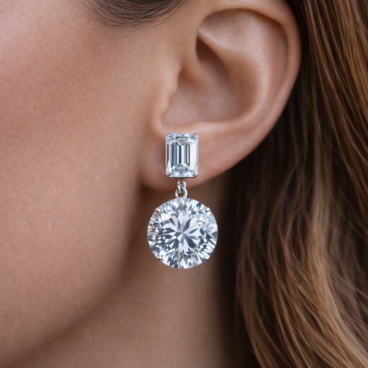 7.00 Carat Emerald & Round Cut Moissanite Drop Earrings in 925 Sterling Silver