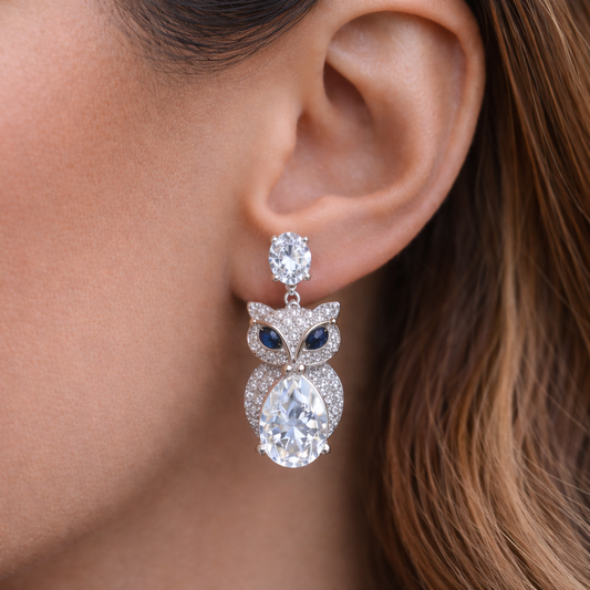 5.00 Carat Round & Oval Cut Moissanite Owl Drop Earrings in 925 Sterling Silver