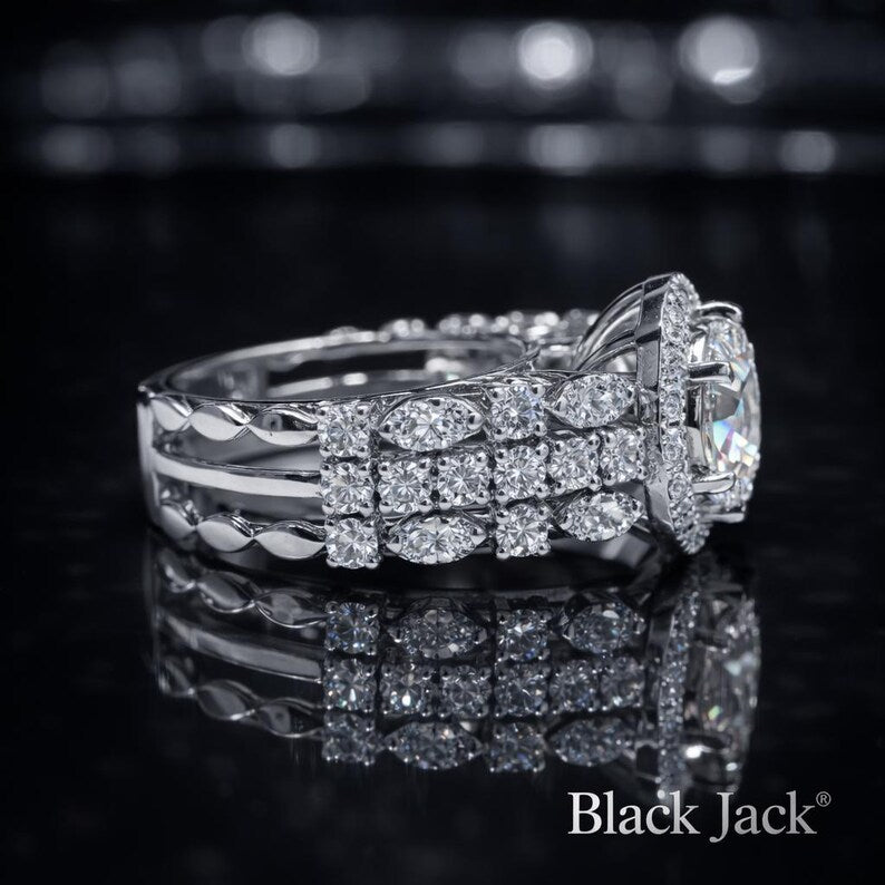3.50 Ct Halo Bridal Set Cremation Diamond Ring in 14K White Gold  Engagement Ring Black Jack