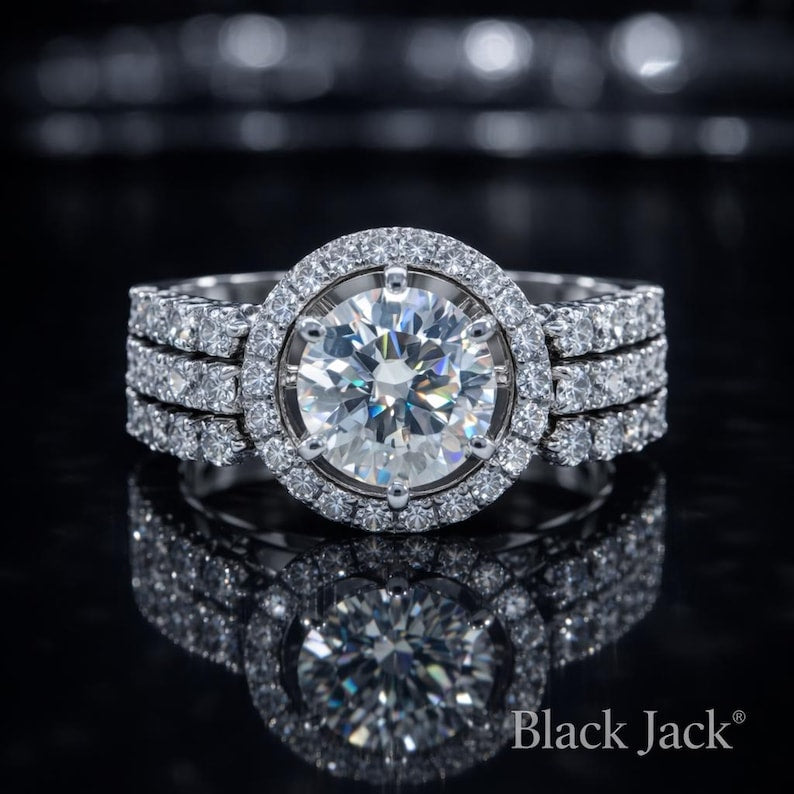 3.50 Ct Halo Bridal Set Cremation Diamond Ring in 14K White Gold  Engagement Ring Black Jack