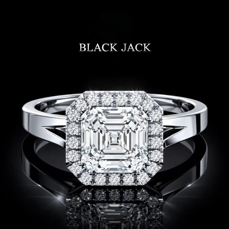 3.00 Ct Ashes to Diamond Asscher Halo Engagement Ring in 14K White Gold Black Jack