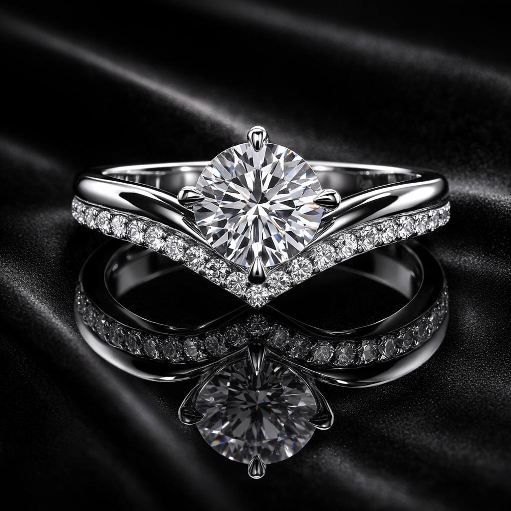 1.75 Carat Lab-Grown Diamond Round Brilliant Chevron Pavé Engagement Ring in 14K White Gold