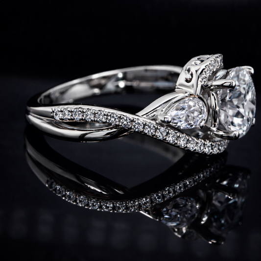 2.65 Carat Lab-Grown Diamond Round & Pear Twisted Three-Stone Engagement Ring in 14K White Gold