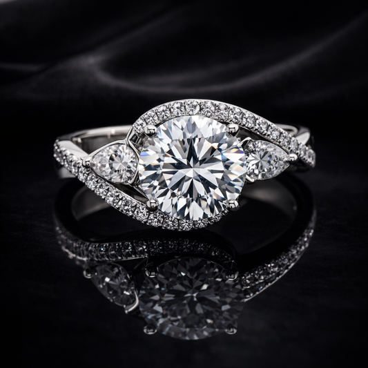 2.65 Carat Lab-Grown Diamond Round & Pear Twisted Three-Stone Engagement Ring in 14K White Gold
