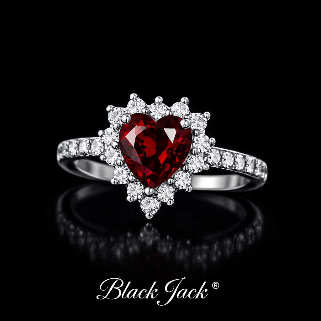2.10 Carat Heart Cut Ruby & Moissanite Halo Engagement Ring in 925 Sterling Silver