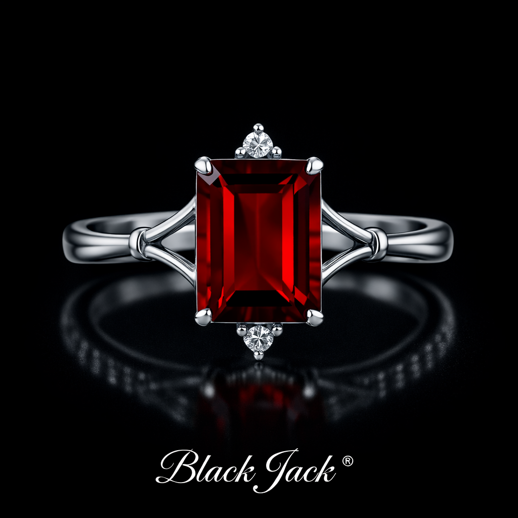 3.08 Carat Emerald Cut Ruby & Moissanite Solitaire Engagement Ring in 925 Sterling Silver