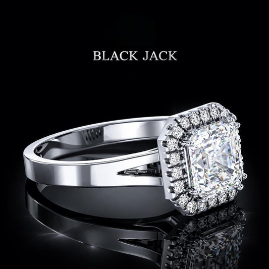 3.00 Carat Emerald Cut Moissanite Geometric Halo Engagement Ring in 925 Sterling Silver