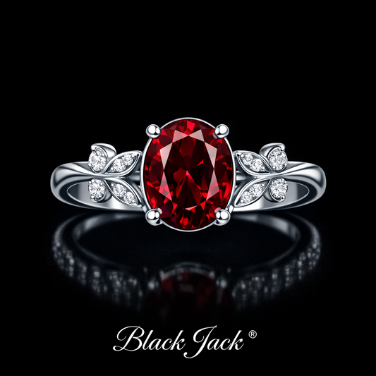 2.40 Carat Oval Cut Ruby Floral Side Moissanite Engagement Ring in 925 Sterling Silver