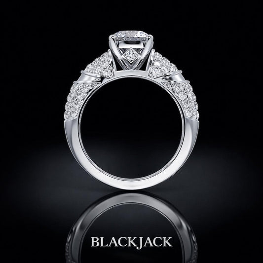 3.20 Carat Round Cut Moissanite Wide Pavé Shoulder Engagement Ring in 925 Sterling Silver