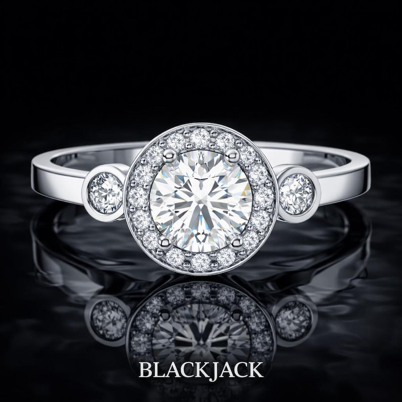 2.20 Carat Round Cut Moissanite Halo Bezel Accent Engagement Ring in 925 Sterling Silver