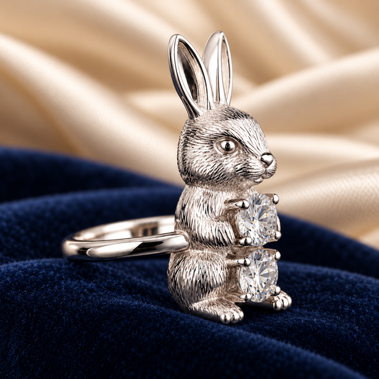 2.00 Ct Pet Cremation Diamond Bunny Rabbit Ring Human Ashes Jewelry 14K White Gold Memorial Keepsake Ring Black Jack