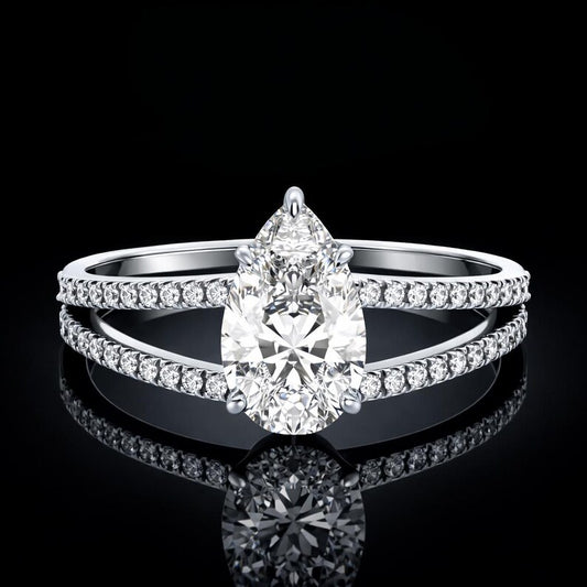 2.00 Carat Pear Cut Moissanite Double Pavé Split Shank Engagement Ring in 925 Sterling Silver
