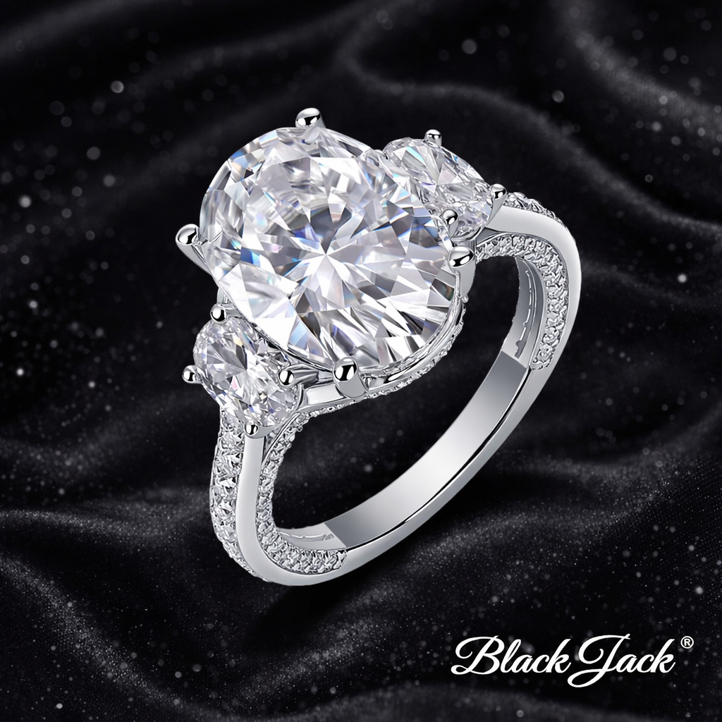 7.40 Carat Lab-Grown Diamond Three Stone Engagement Ring Oval Cut with Pavé Band in 14K White Gold IGI Certified